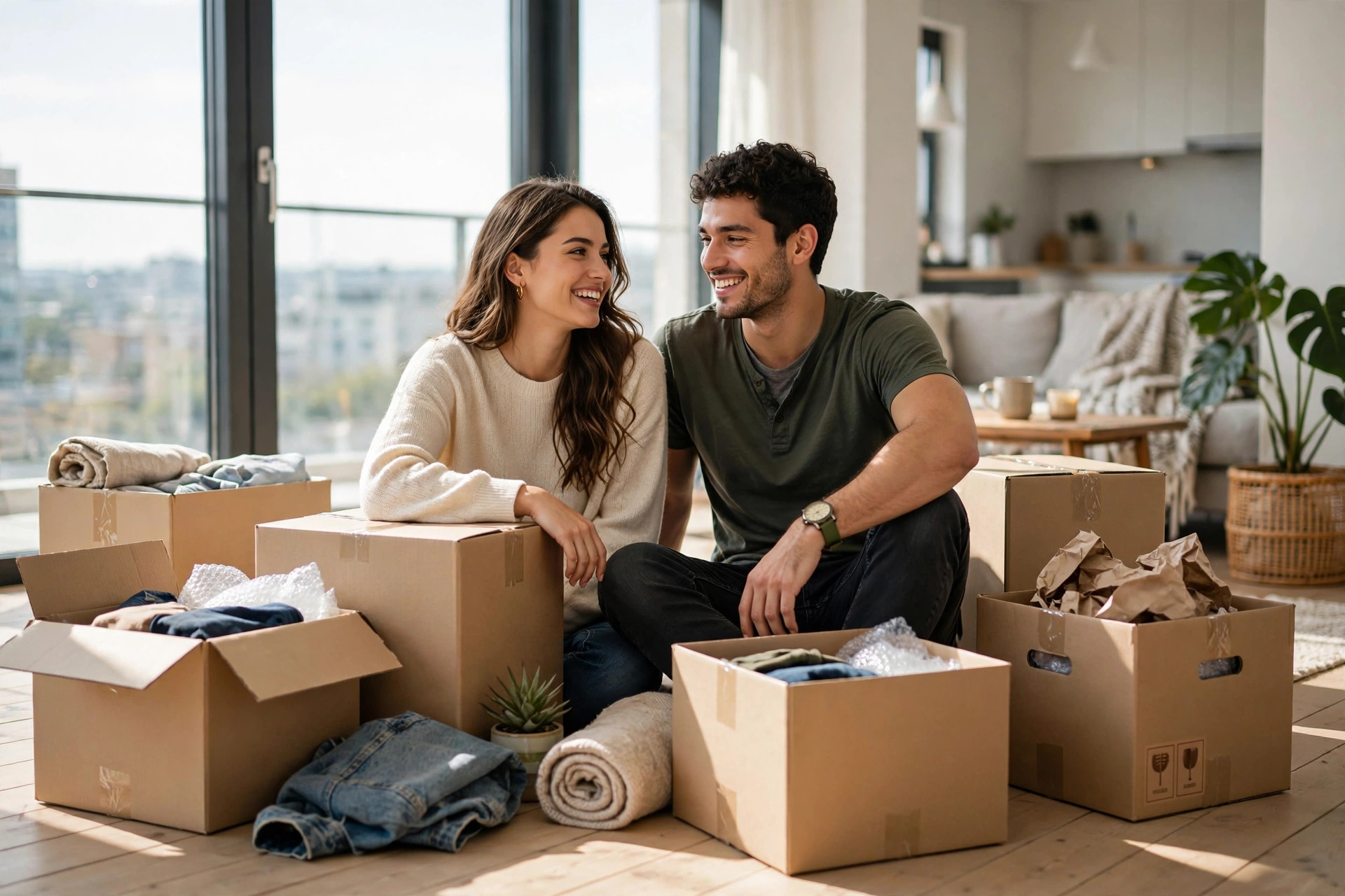 Couple planning a move with boxes
